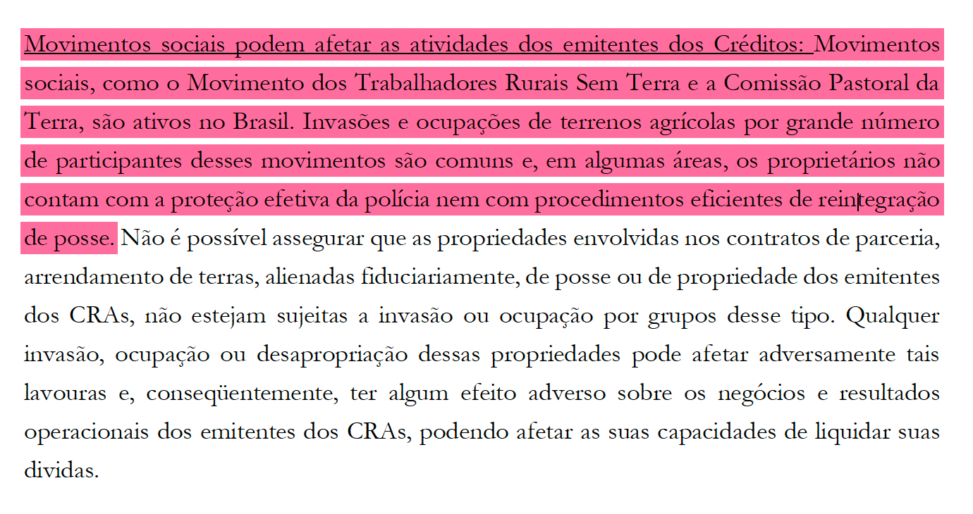 Trecho do relatório da EcoAgro. Reprodução.
